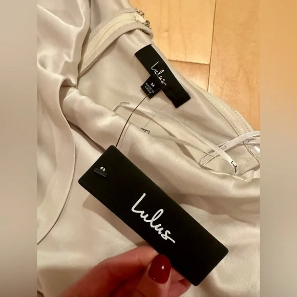 Lulus Always Celebrating Ivory Satin Off-the-Shoulder Midi Dress - M - Picture 5 of 6